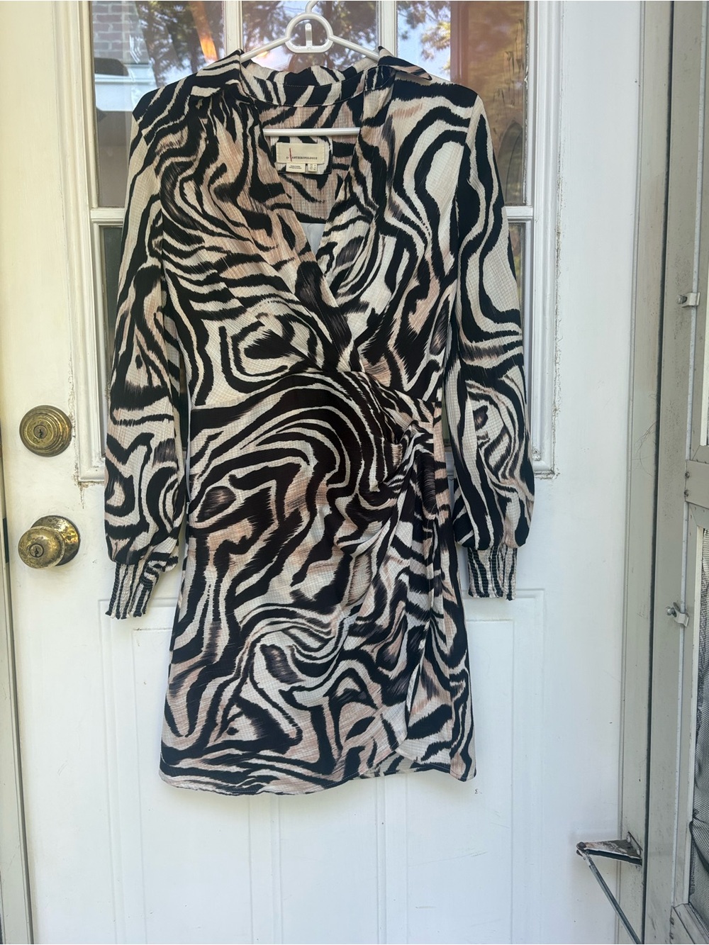 Animal-Print Faux Wrap Dress in Black and Cream